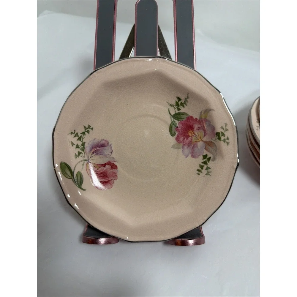6 Vintage Taylor, Smith & Taylor Pink Floral Saucers Silver Rimmed Marked